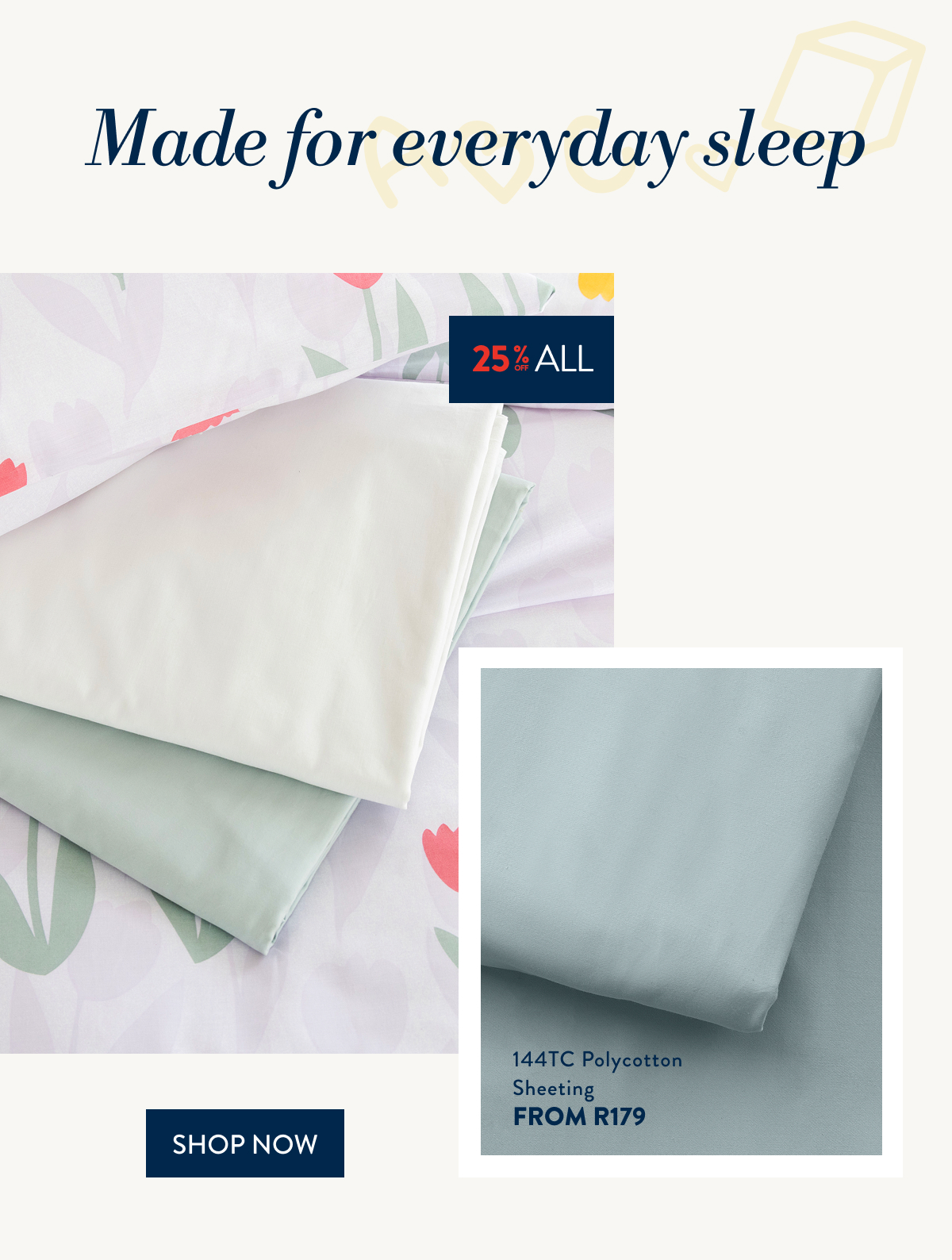 25% OFF ALL SHEETING - 144TC Polycotton