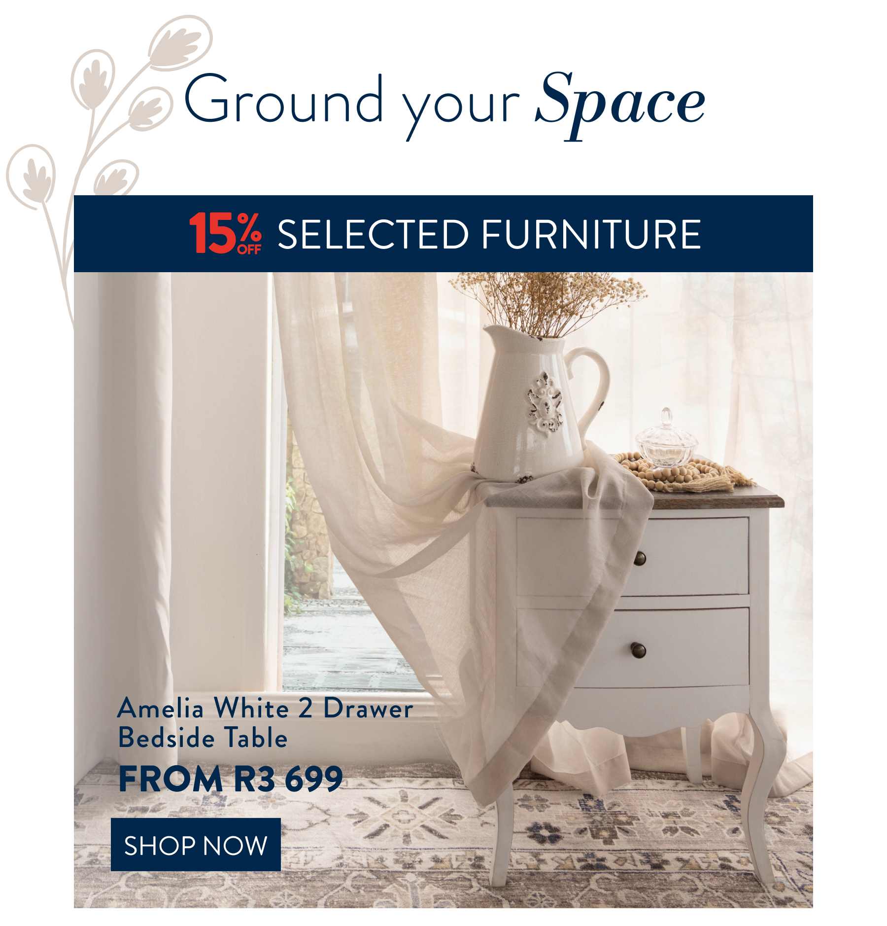 15% OFF Amelia White 2 Drawer Bedside Table FROM: 