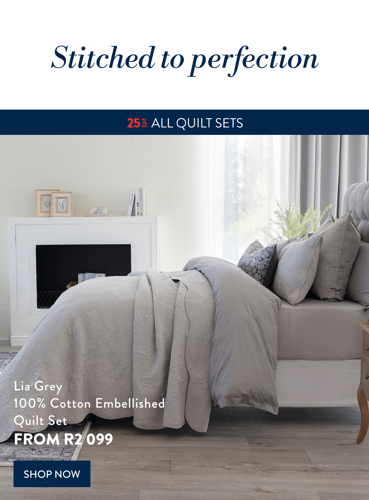 25% OFF ALL QUILTS - Lia Grey 100% Cotton Embellished