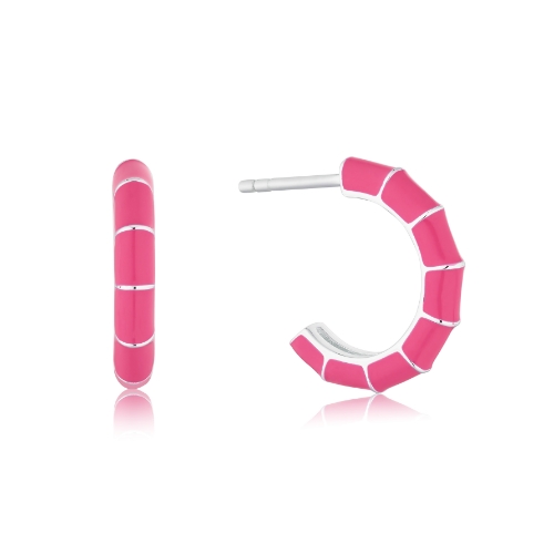 Sterling Silver Pink Enamel Bamboo Hoop Earrings