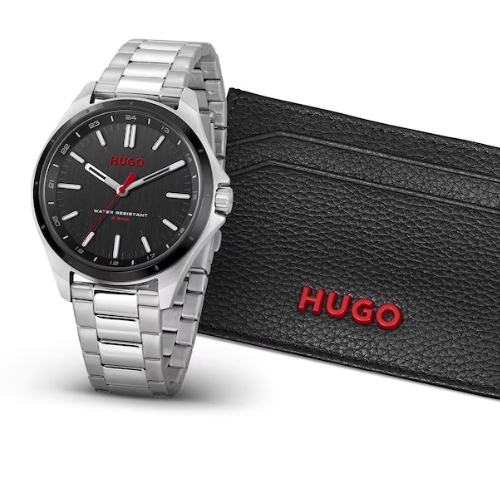 Hugo Men's #Complete Black Card Holder & Black Dial Stainless Steel Bracelet Watch Gift Set