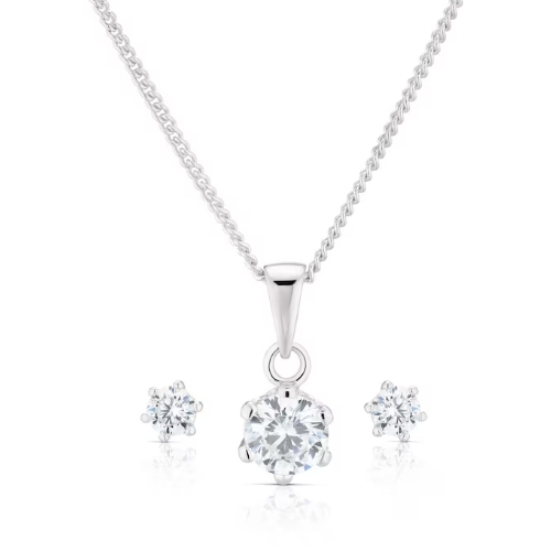 Sterling Silver Cubic Zirconia Solitaire Pendant And Earring Jewellery Set