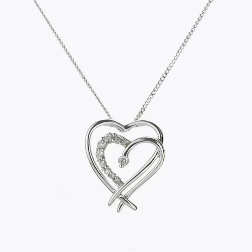 9ct White Gold Diamond Double Heart Pendant