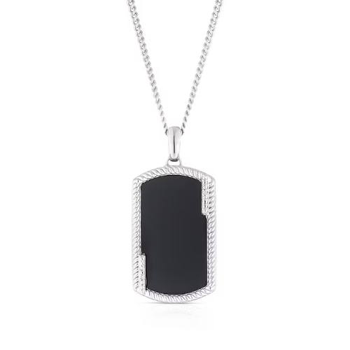Men's Sterling Silver Onyx Cubic Zirconia Dog Tag Pendant Necklace