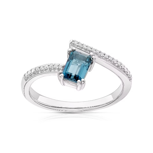 Sterling Silver Emerald-Cut London Blue Topaz Diamond Wrap Ring