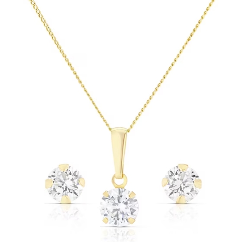 9ct Yellow Gold Cubic Zirconia Solitaire Pendant And Earrings Jewellery Set