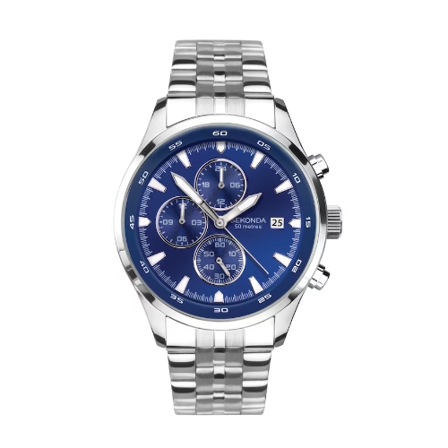 Sekonda Men's Dual-Time Blue Dial Stainless Steel Bracelet Watch
