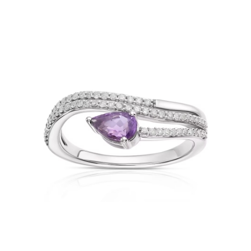 Sterling Silver Pear Cut Amethyst 0.20ct Diamond Wrap Ring