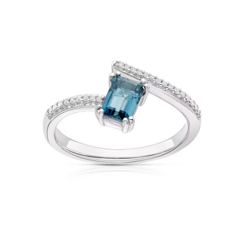 Sterling Silver Emerald-Cut London Blue Topaz Diamond Wrap Ring