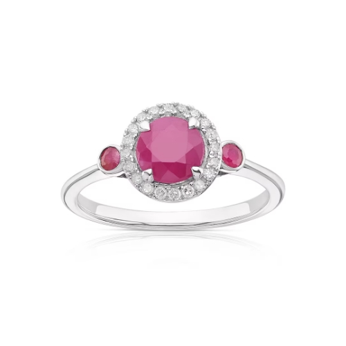 9ct White Gold Ruby 0.10ct Diamond Round Halo Ring