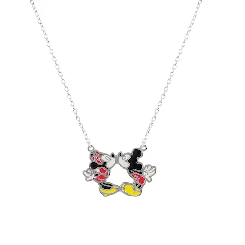Disney Sterling Silver Enamel Kissing Mickey & Minnie Mouse Necklace