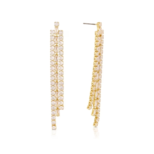 Gold Plated Cubic Zirconia Triple Row Drop Earrings