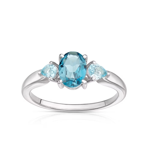 9ct White Gold London and Swiss Blue Topaz Oval and Pear Cut Three Stone Ring