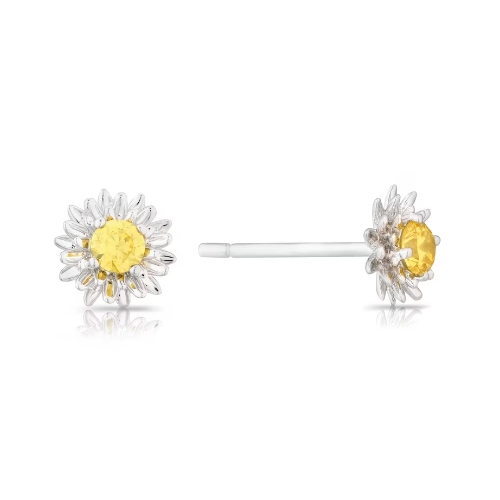 Silver CZ Chrysanthemum November Birth Flower Stud Earrings