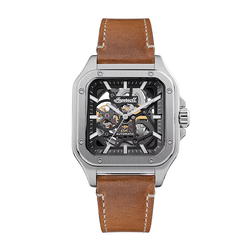Ingersoll Men's Automatic Black Square Skeleton Dial Brown Leather Strap Watch