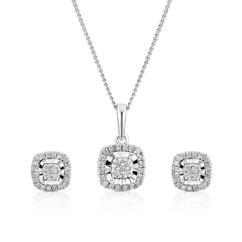 9ct White Gold 0.20ct Diamond Cushion Illusion Set Necklace & Earrings Set