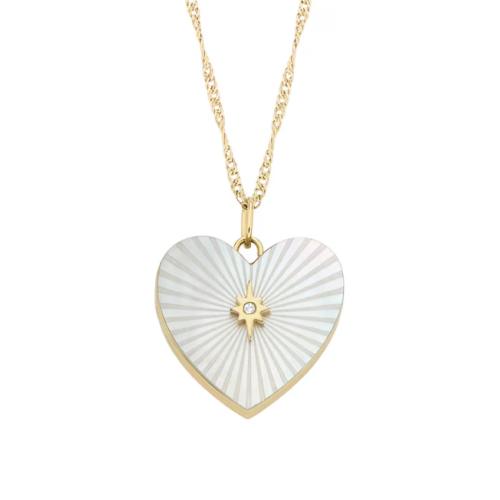 Fossil Ladies' White Heart Pendant Gold Tone Spiga Chain Necklace
