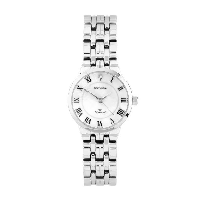 Sekonda Women's Classic Mother of Pearl & Diamond Dial Silver Tone Bracelet Watch