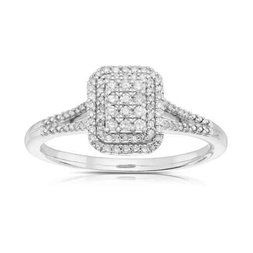 Engagement Ring 9ct White Gold Emerald Cut Halo 0.20ct Diamond Ring