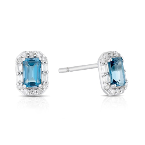Sterling Silver Baguette London Blue Topaz & 0.15ct Diamond Halo Stud Earrings