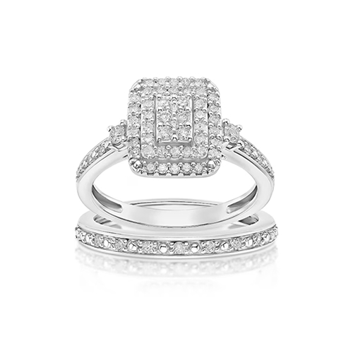 Perfect Fit Sterling Silver with Platinum Plating 0.50ct Diamond Rectangle Bridal Set
