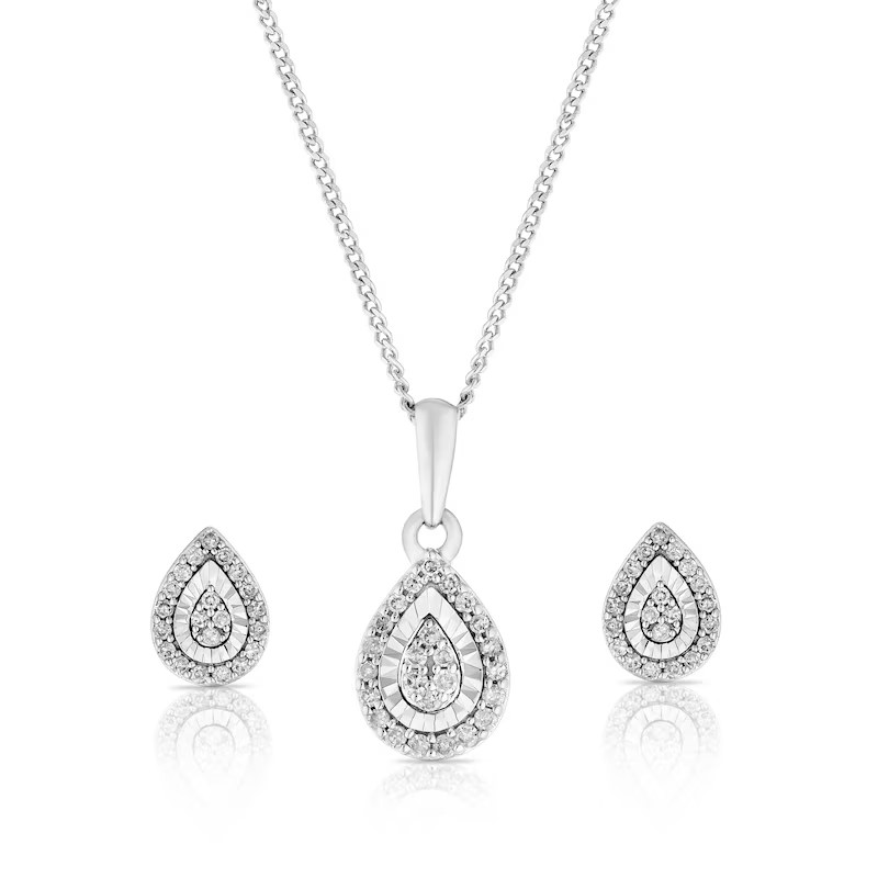 9ct White Gold 0.20ct Pear Diamond Pendant & Stud Earrings Set