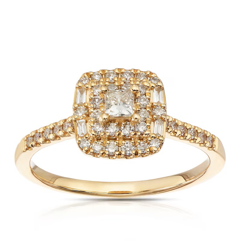 9ct Yellow Gold Cushion Shaped Double Halo 0.40ct Diamond Ring