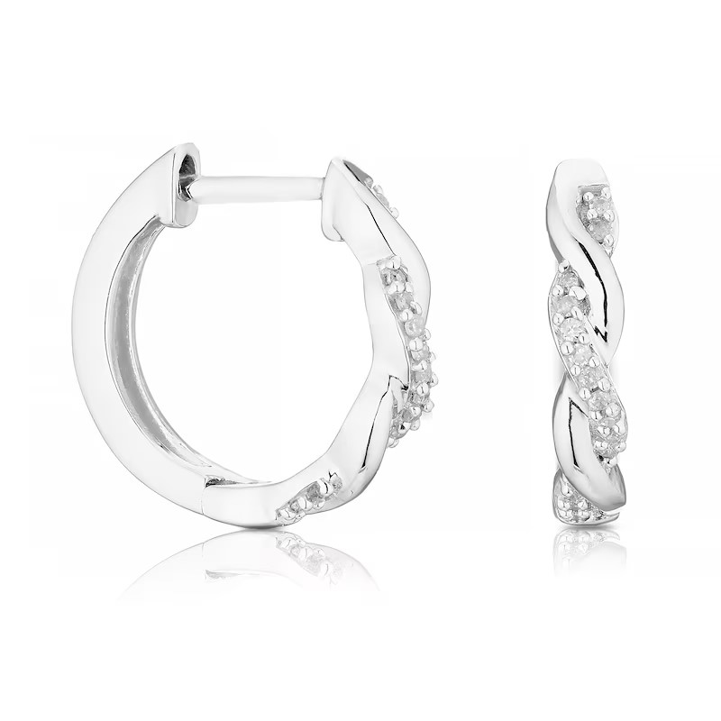 Sterling Silver Twisted Diamond Hoop Earrings