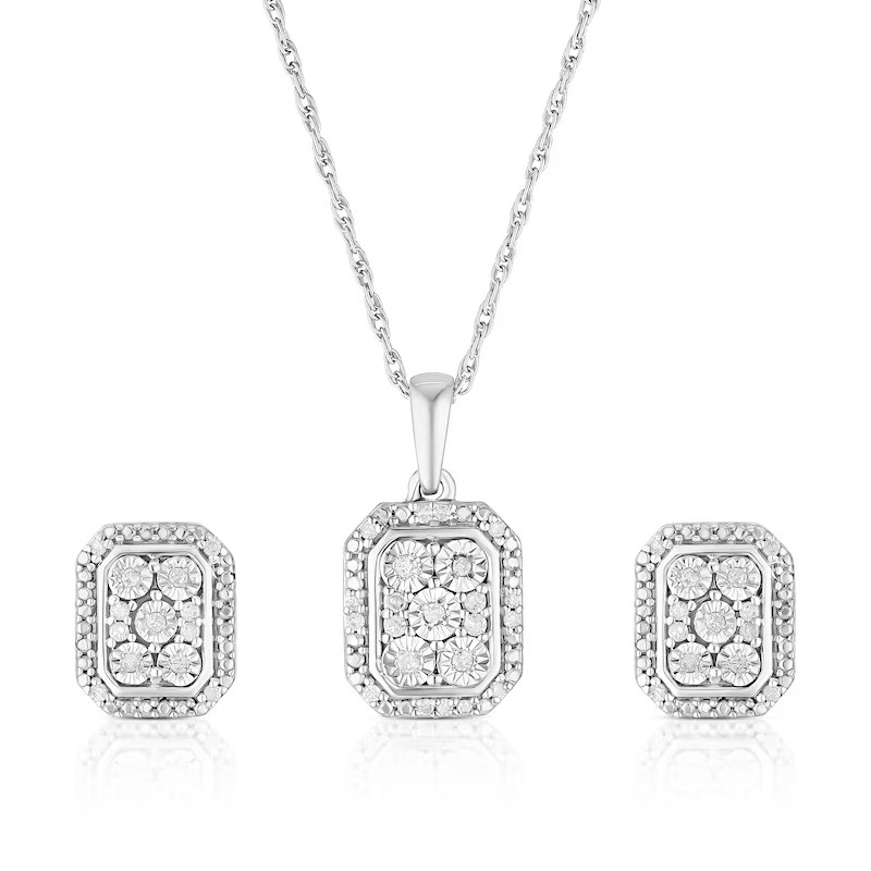 Sterling Silver 0.15ct Cushion Diamond Pendant & Stud Earrings Set