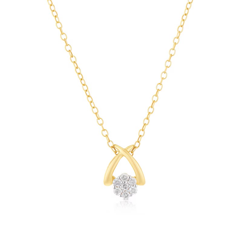 9ct Yellow Gold 0.10ct Diamond Cross Cluster Pendant Necklace