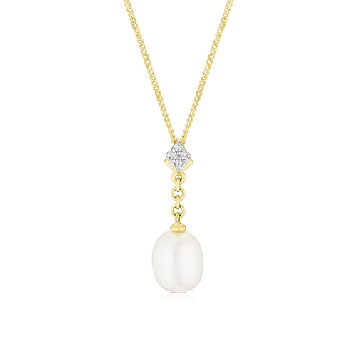 9ct Yellow Gold Cubic Zirconia Chain Cultured Freshwater Pearl Pendant Necklace