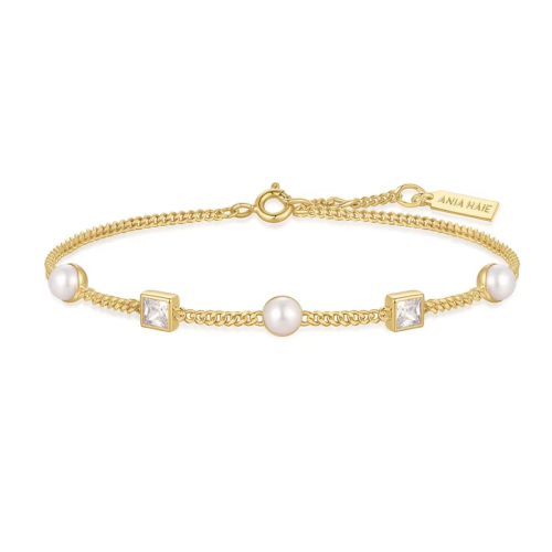 Ania Haie Women's Yellow Gold Plate Bezel-Set Cube and Pearl Station Bracelet