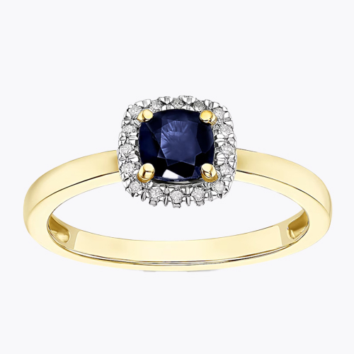 9ct Yellow Gold Diamond & Sapphire Cushion Ring