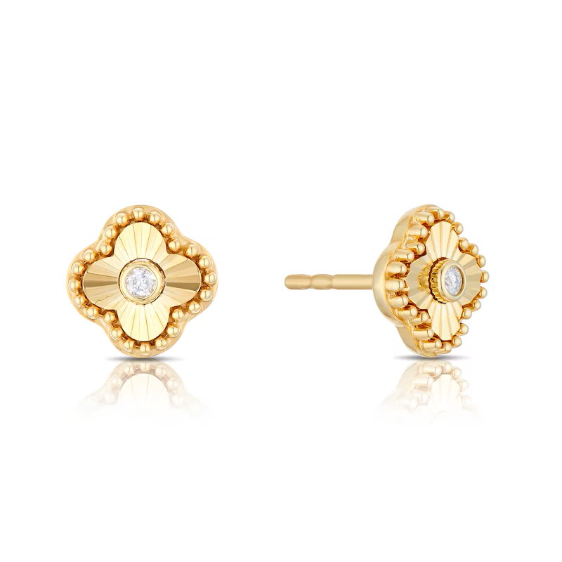 18ct Gold Vermeil Sterling Silver Clover Diamond Stud Earrings