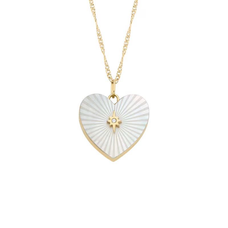 Fossil White Heart Pendant Gold Tone Spiga Chain Necklace