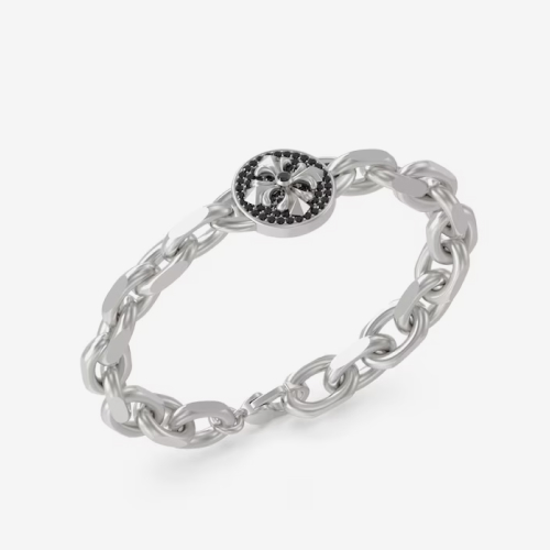 Guess Savage Rebel Men's Black Crystal Charm Silver Chain Bracelet 8.3