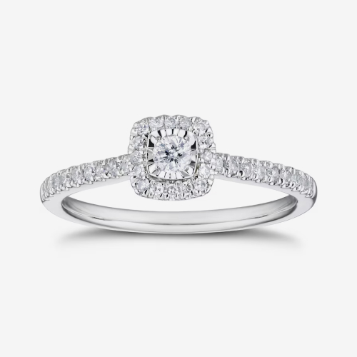 Engagement Ring 9ct White Gold Illusion Set Cushion Shaped Halo 0.25ct Diamond Ring