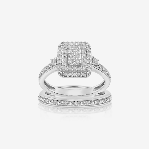 Perfect Fit Sterling Silver with Platinum Plating 0.50ct Diamond Rectangle Bridal Set