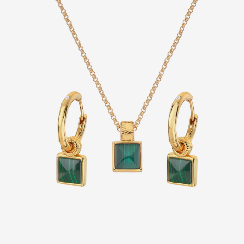 Hot Diamonds X Golden Edit 9ct Gold Plated Revive Malachite Pendant & Stud Earrings Set