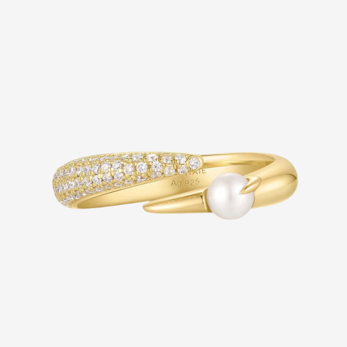Ania Haie Women's Yellow Gold Plate Sparkling Simulated Pearl Crossover Adjustable Ring