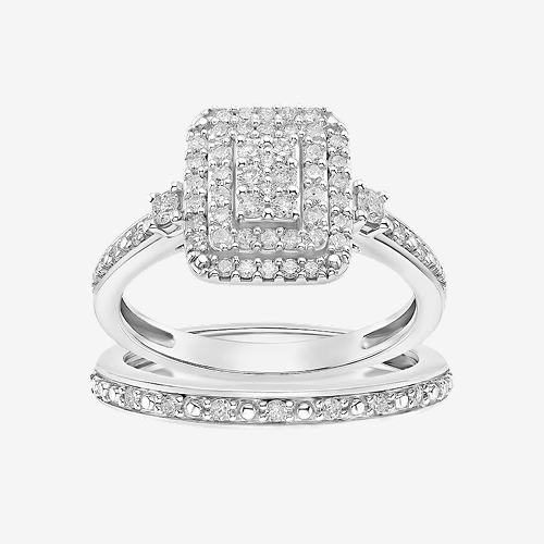 Perfect Fit Sterling Silver with Platinum Plating 0.50ct Diamond Rectangle Bridal Set