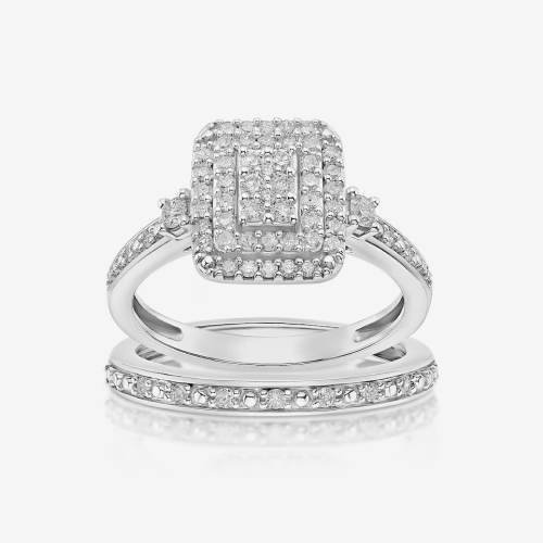 Perfect Fit Sterling Silver with Platinum Plating 0.50ct Diamond Rectangle Bridal Set