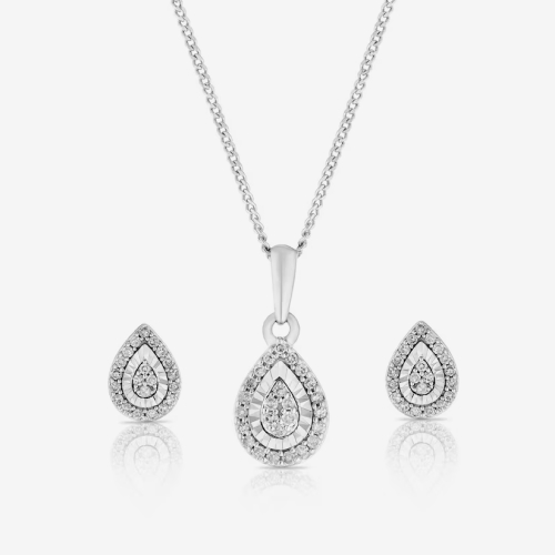 9ct White Gold 0.20ct Pear Diamond Pendant & Stud Earrings Set