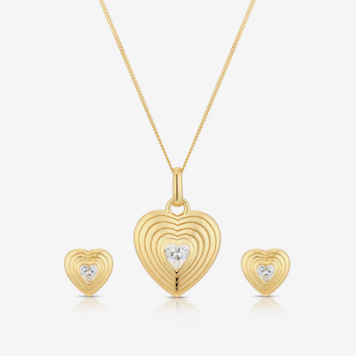 Sterling Silver Yellow Gold Plated Heart Cubic Zirconia Pendant & Earrings Set