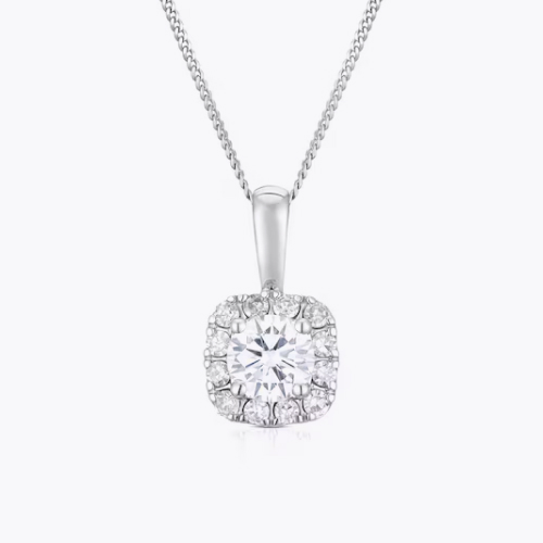 9ct White Gold 0.25ct Lab Grown Diamond Cushion Halo Pendant Necklace