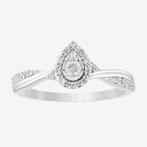 Engagement Ring 9ct White Gold Illusion Set Pear Halo 0.15ct Diamond Ring