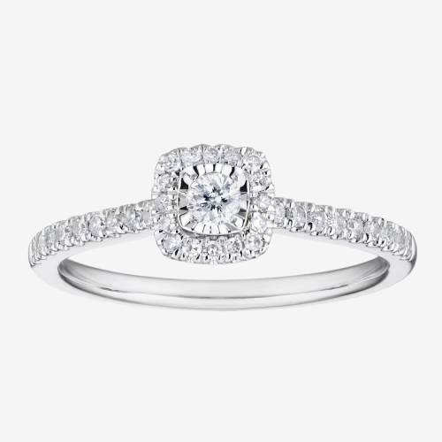 Engagement Ring 9ct White Gold Illusion Set Cushion Shaped Halo 0.25ct Diamond Ring