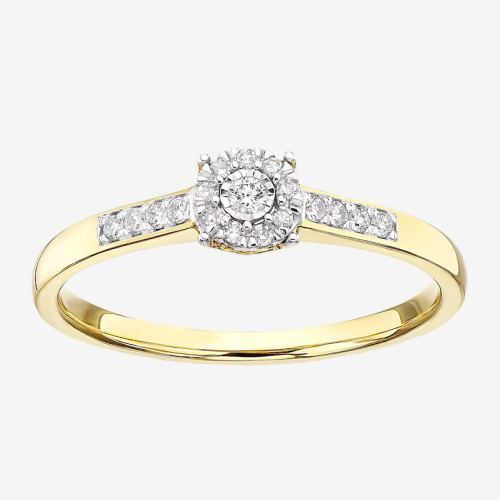 Engagement Ring 9ct Yellow Gold Round Cluster 0.10ct Diamond Ring