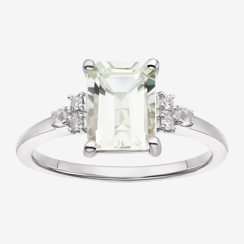 Engagement Ring 9ct White Gold Emerald Cut Green Amethyst and Diamonds Ring