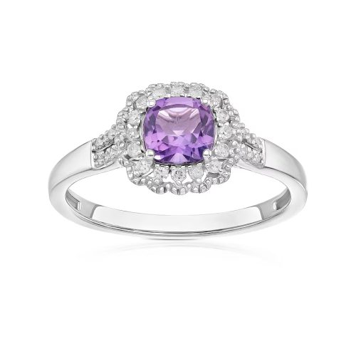 Sterling Silver Cushion Amethyst & 0.10ct Halo Diamond Ring